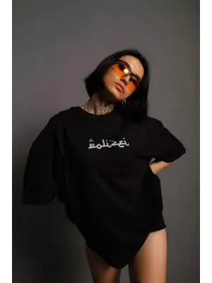 Omarı Bisiklet Desenli Oversize T-Shirt - Siyah