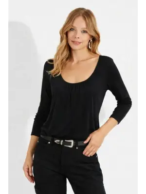 Çarpıcı Kadın Yuvarlak Yakalı Viskon Bluz