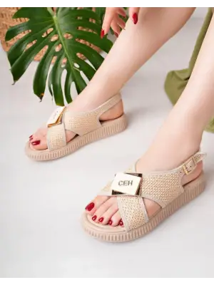 Bej Hasır Cilt Sandalet Kadın Giyim