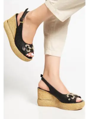 Omarı Yüksek Topuklu Siyah Dolgu Sandalet