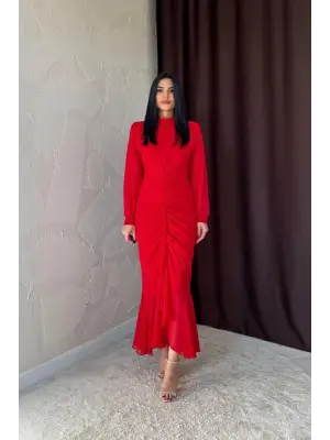 Omarı Zarif Kırmızı Şifon Elbise
