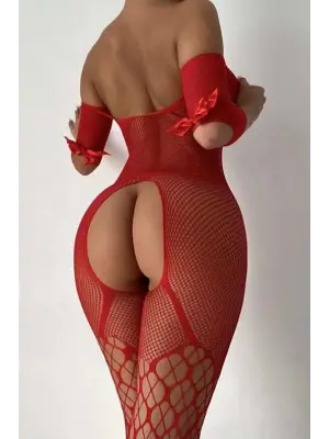 Omarı Çekici Kırmızı Babydoll Fantezi Kıyafet Vücut Çorabı