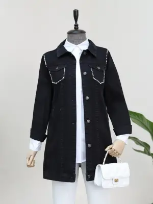 Cebi Ve Omuzları İncili Random Yıkama Kot Ceket -Siyah