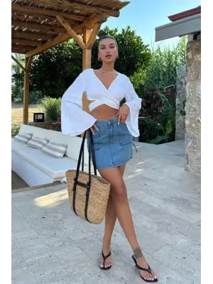 Omarı Vintage Tarzı Denim Mini Etek
