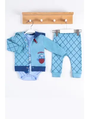 Cep Desenli Kapişonlu % 100 Pamuk Hırkalı 3lü Erkek Takım