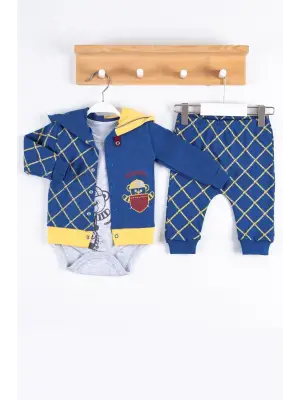 Cep Desenli Kapişonlu % 100 Pamuk Hırkalı 3lü Erkek Takım