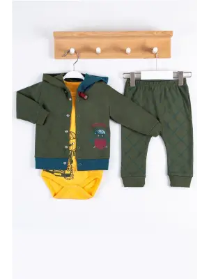 Cep Desenli Kapişonlu % 100 Pamuk Hırkalı 3lü Erkek Takım