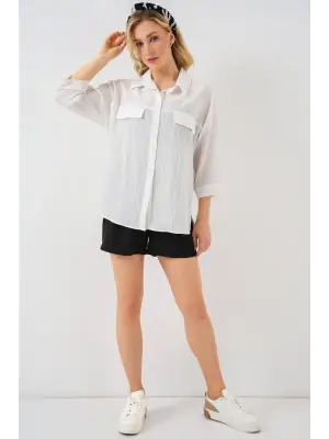 Cep Detaylı Kısa Kol Gömlek 20317 - Beyaz