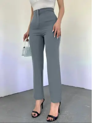 Omarı Yüksek Bel Gri Detaylı Cep Pantolon