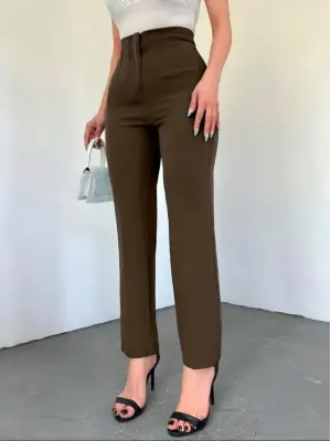Omarı Yüksek Bel Cep Detaylı Pantolon - Kahve Renkli