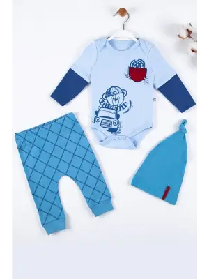 Cep Nakışlı Bear Desenli 3lü % 100 Pamuklu Erkek Takım