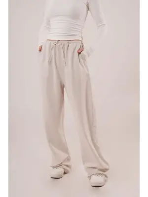 Şık Ekru Cepli Bağlama Detaylı Keten Pantolon