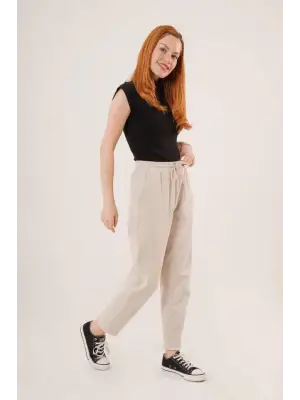 Şık Krem Cepli Belden Bağlamalı Pantolon