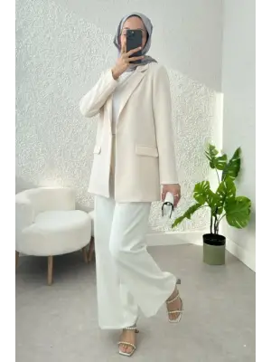 Cepli Tek Düğmeli Likralı Ceket  -Krem