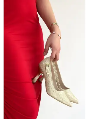 Cerin Gold Saten Simli Topuklu Ayakkabı