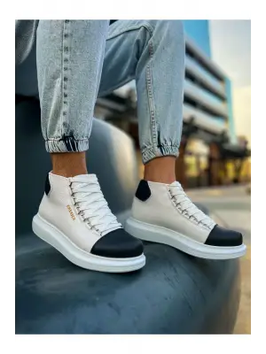 Omarı Renkli Erkek Bot Beyaz/Siyah - Trendy ve Şık Tasarım