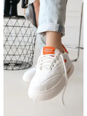 Chris Beyaz Cilt Turuncu Detaylı Bağcıklı Spor Ayakkabı