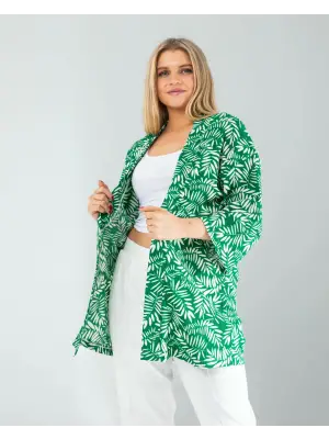 Omarı Etkileyici Yeşil Çiçek Desen Kimono