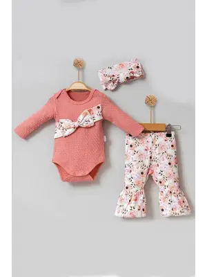 Çiçek Desenli Fiyonklu 3lü Kız Bebek Takım