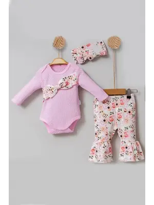 Çiçek Desenli Fiyonklu 3lü Kız Bebek Takım