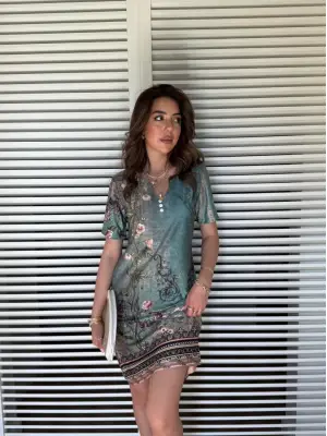 Omarı Trendy V Yaka Çiçek Desenli Midi Elbise