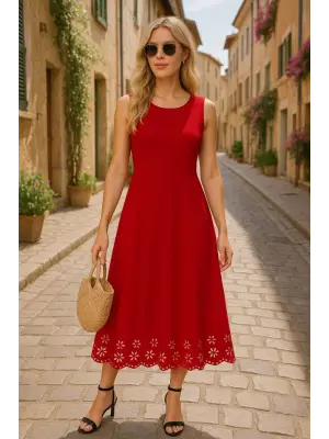 Omarı Çiçek Desenli Kadın Midi Boy Kolsuz Elbise