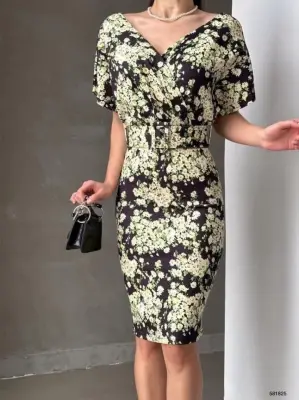 Omarı Çiçek Desenli V Yaka Kalem Elbise