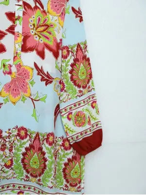 Çiçek Desenli Yarım Düğmeli Pamuk Viskon Tunik -Kiremit