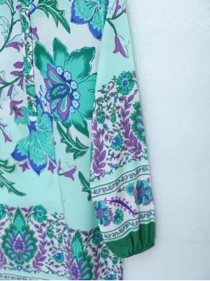 Yeşil Çiçek Desenli Yarım Düğmeli Tunik Kadın Giyim