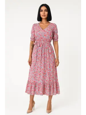 Çiçek Desenli Yırtmaçlı Elbise