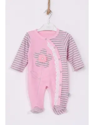 Çiçek Nakışlı % 100 Pamuk Ayaklı Kız Bebek Tulumu