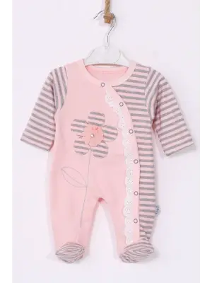 Çiçek Nakışlı % 100 Pamuk Ayaklı Kız Bebek Tulumu