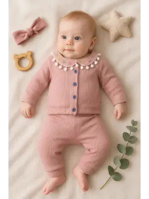 Çiçek Nakışlı Düşmeli Bandanalı Kız Bebek Takımı