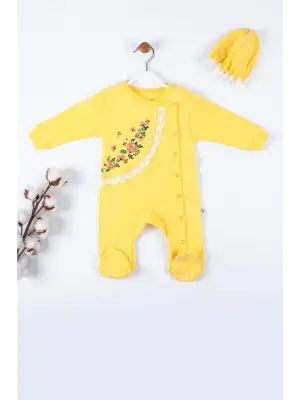 Çiçek Nakışlı Şapkalı % 100 Pamuk Kız Bebek Tulumu