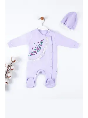 Çiçek Nakışlı Şapkalı % 100 Pamuk Kız Bebek Tulumu