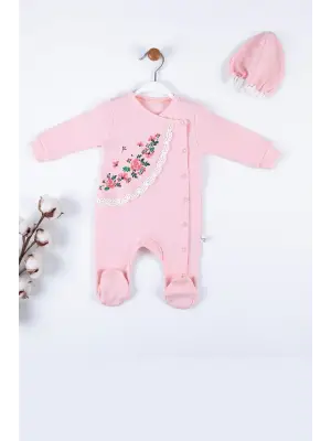 Çiçek Nakışlı Şapkalı % 100 Pamuk Kız Bebek Tulumu