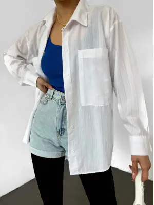 Çift Cepli Arkası Uzun Gofre Gömlek -Beyaz