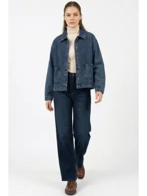 Lacivert Çift Cepli Denim Ceket Kadın Giyim