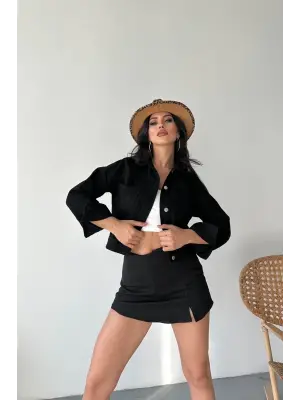 Çift cepli kol katlamalı süper taş enzim yıkamalı crop kot ceket siyah d2000