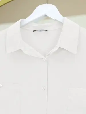 Çift Cepli Oval Kesim Kolu Katlamalı Gömlek Tunik -Beyaz