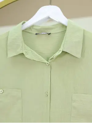 Çift Cepli Oval Kesim Kolu Katlamalı Gömlek Tunik -Çağla Y.