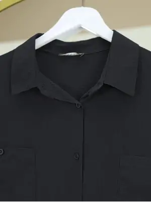 Çift Cepli Oval Kesim Kolu Katlamalı Gömlek Tunik -Siyah