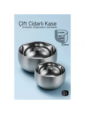 Çift Cidarlı Isı Yalıtımlı 2’li Lüks Kase Seti (16cm & 18cm) Premium 304 Paslanmaz Çelik