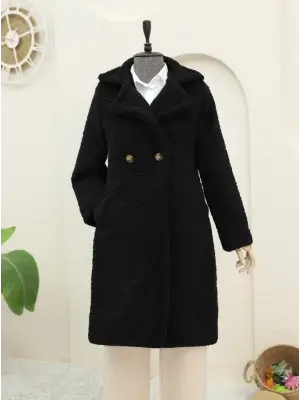 Çift Düğmeli Astarlı Yan Cepli Peluş Kaban -Siyah