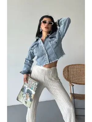 Buz Mavi Çift Kapaklı Püsküllü Crop Kadın Giyim