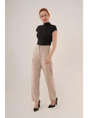 Çift Pens Detaylı Krem Pantolon