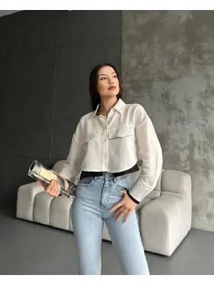 Çift renkli kısa gömlek krem s4021