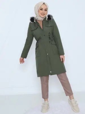 Omarı Şık Kapüşonlu Kısa Kaban - Haki