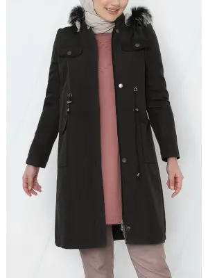 Omarı Çıkma Kapşonlu Bağcıklı Kısa Kaban -Siyah