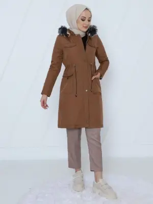 Omarı Deri Detaylı Bağcıklı Kısa Kaban - Taba